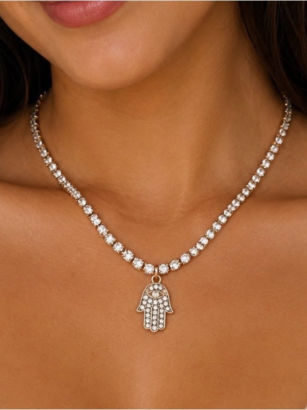Evil Eye Hamsa Gold-Tone Crystal Tennis Necklace